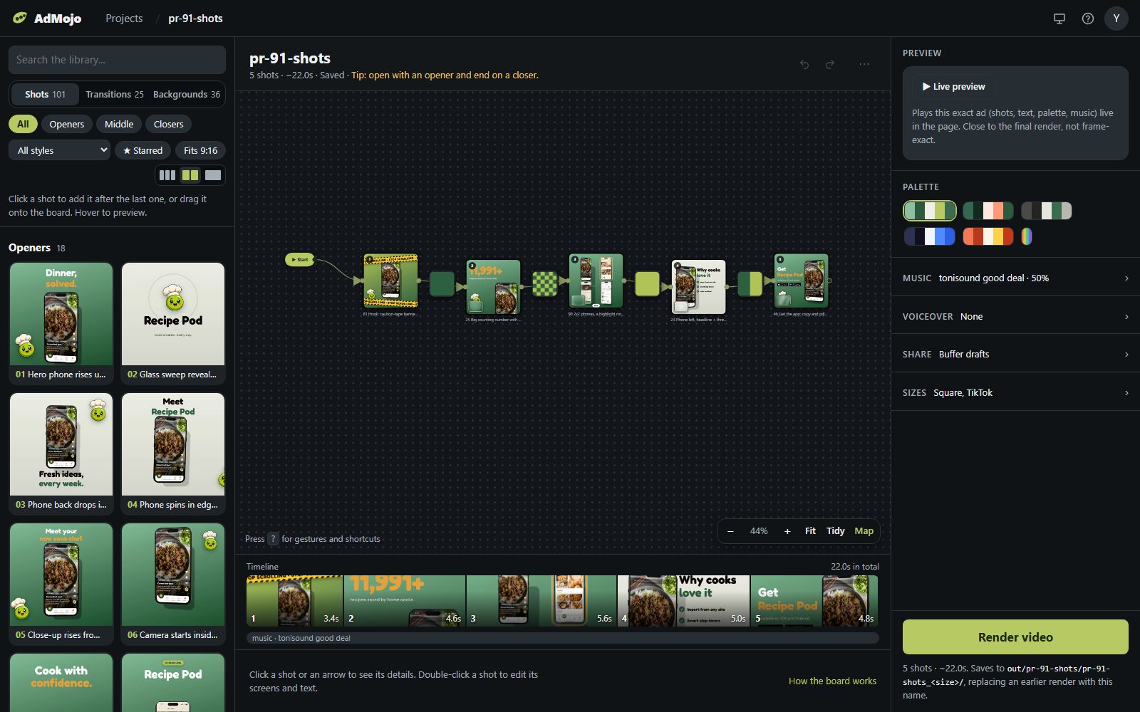 The AdMojo editor: a library of shots on the left, a whiteboard of connected shots in the middle, and a live preview and render button on the right.