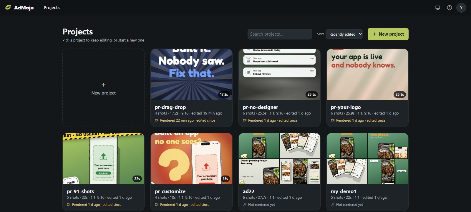 The AdMojo projects page, showing a grid of ad projects with thumbnails, durations and render status.